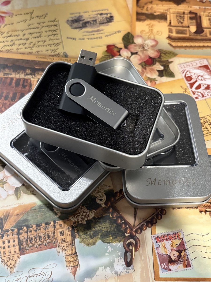 Engraved 'Memories' flash drive in a keepsake tin from Digitize DFW
