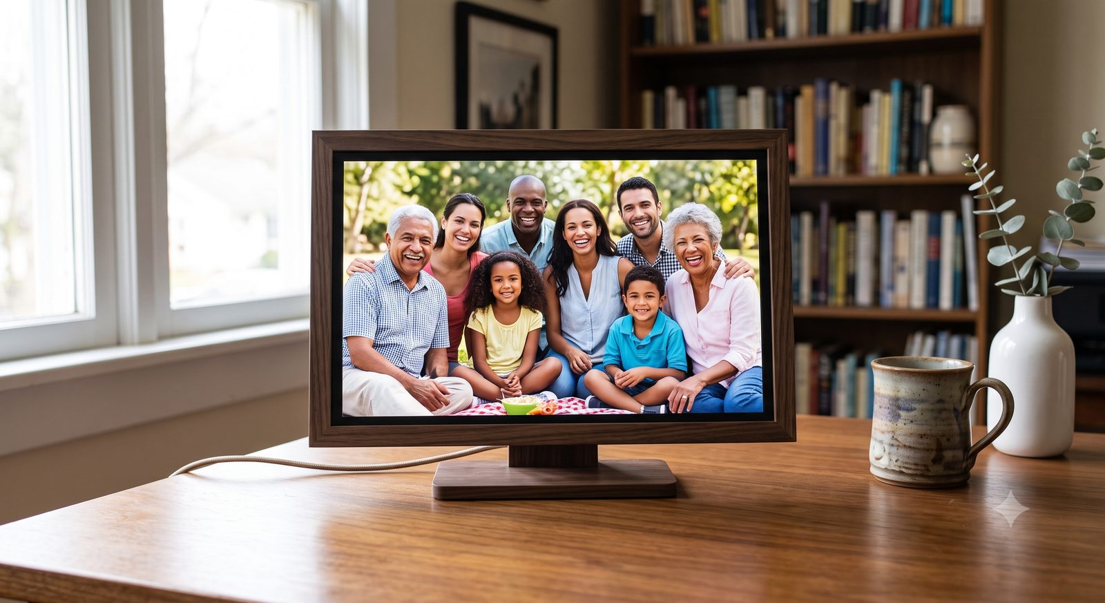 A digital photo frame displaying a family photo on a desk