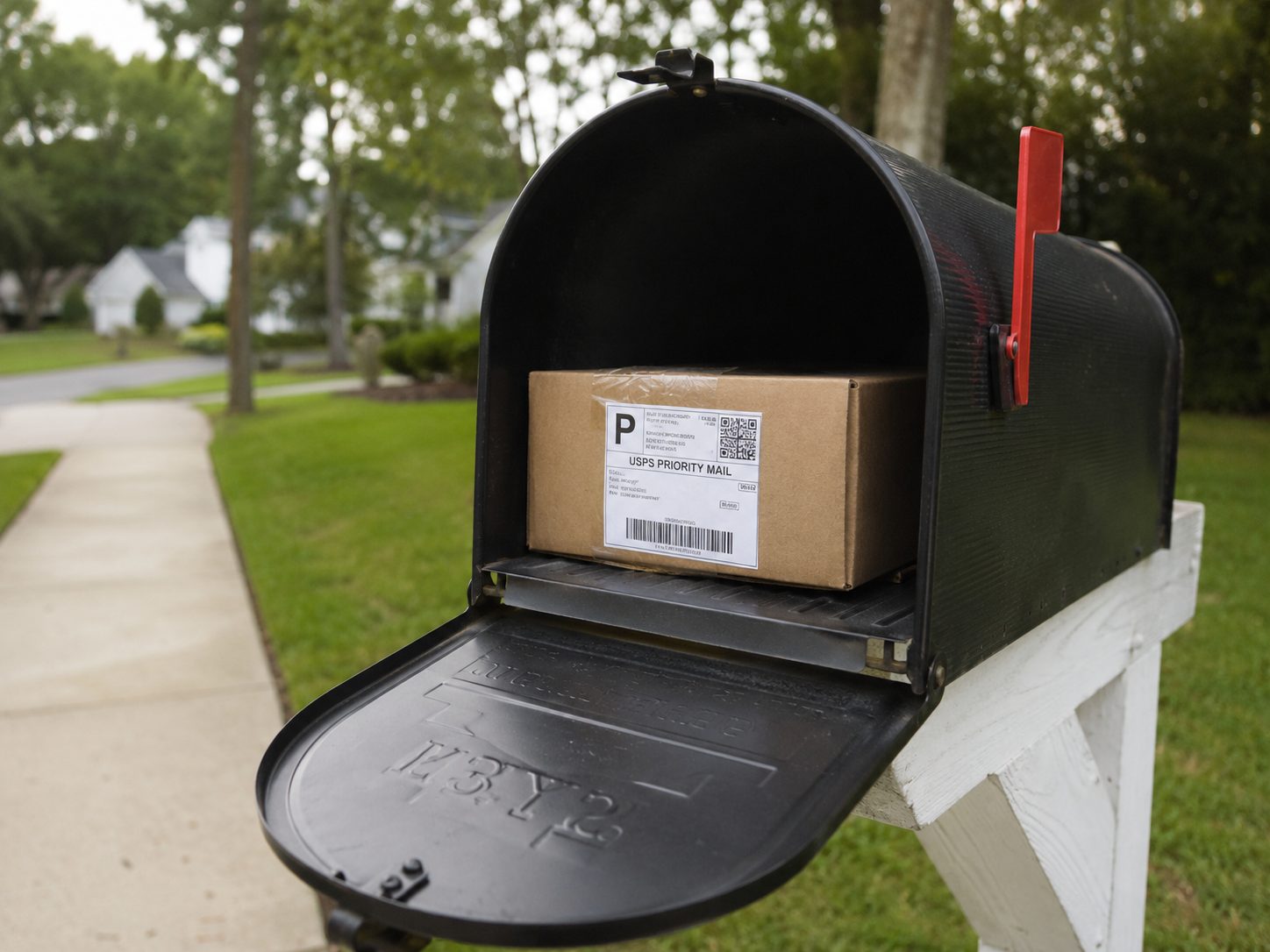 A package sitting in a mailbox, ready to be shipped