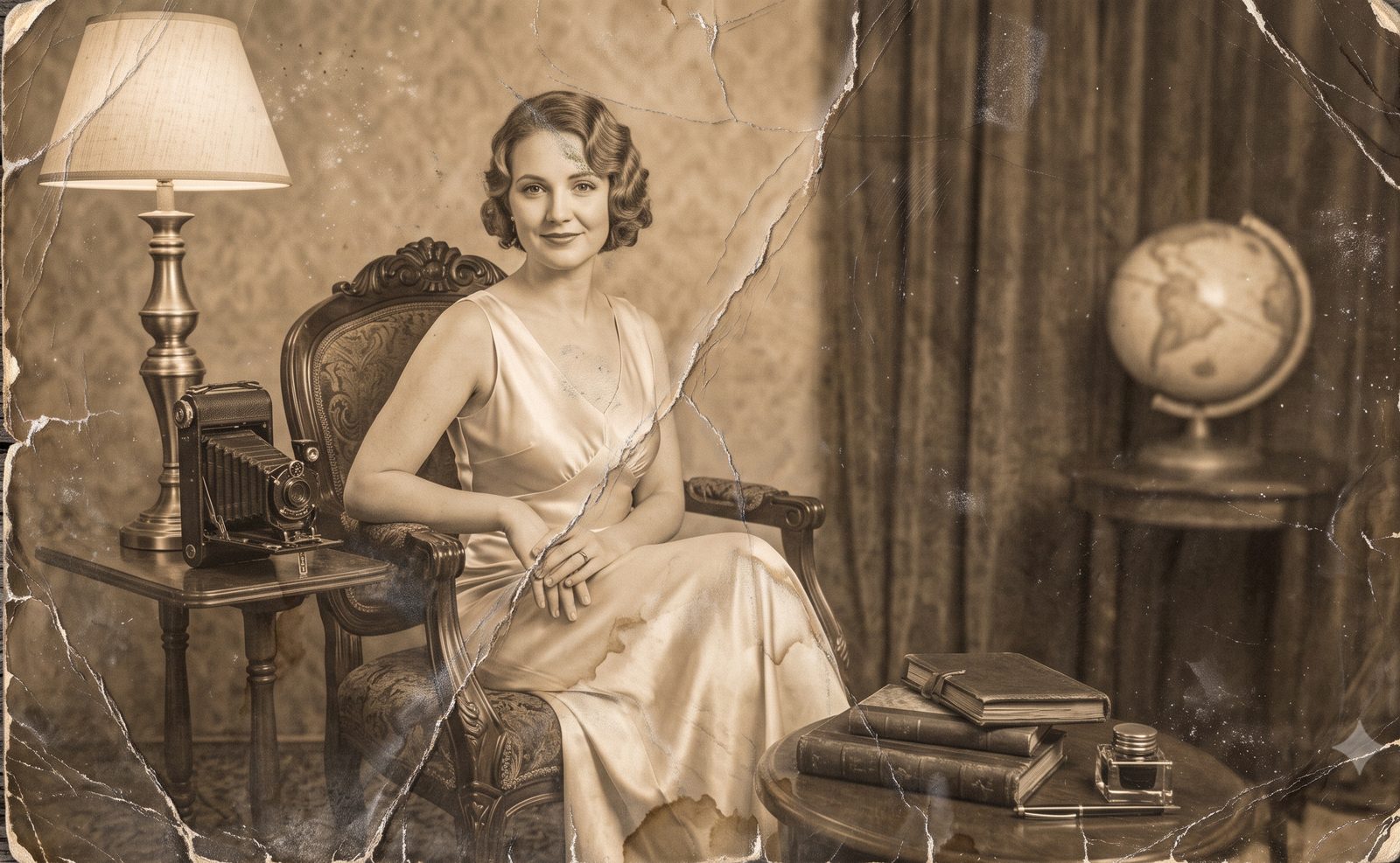A cracked and stained vintage portrait photo in need of restoration