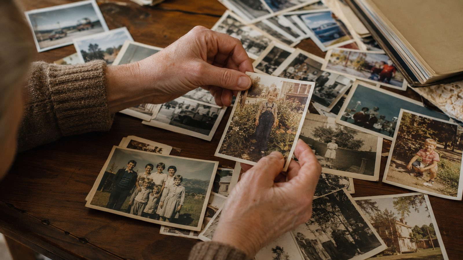 Hands sorting old family photos before digitizing in Flower Mound