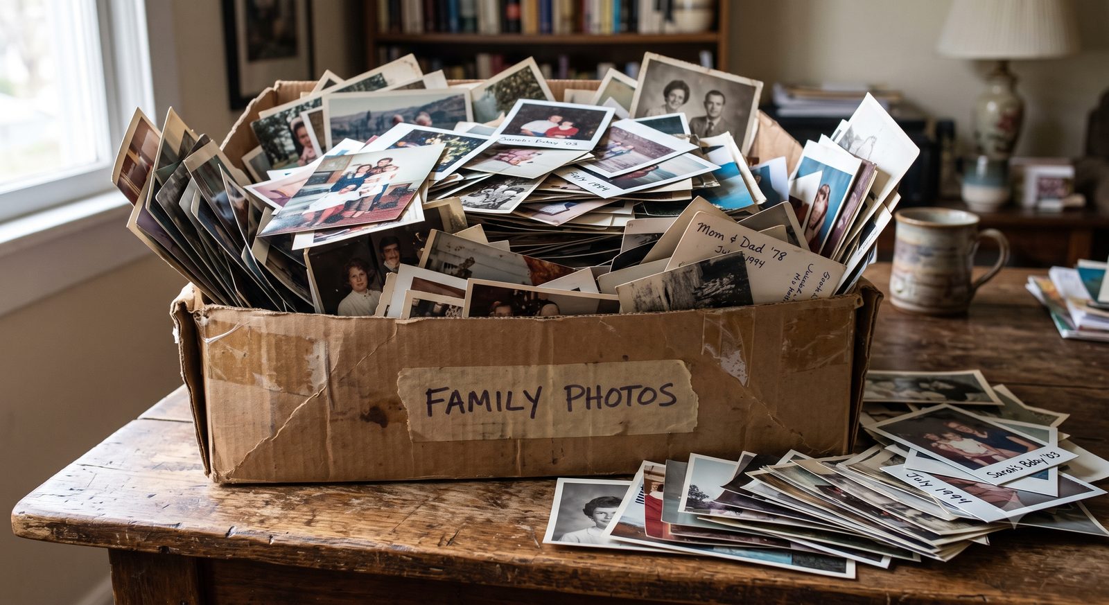 A cardboard box overflowing with old family photos