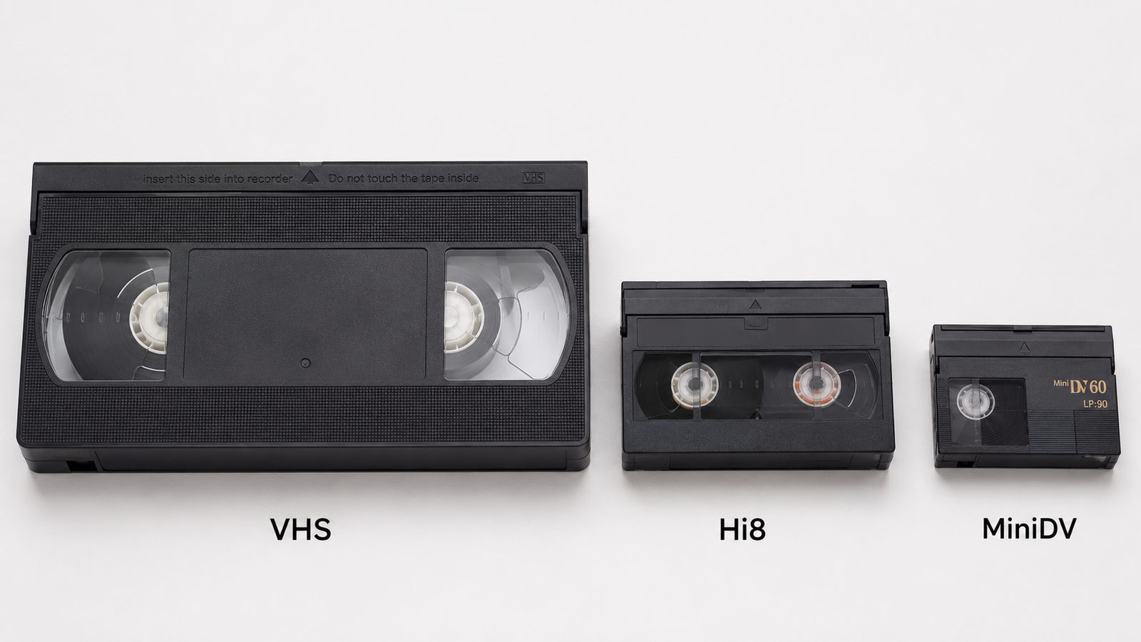 VHS, Hi8, and MiniDV tapes side by side for size comparison