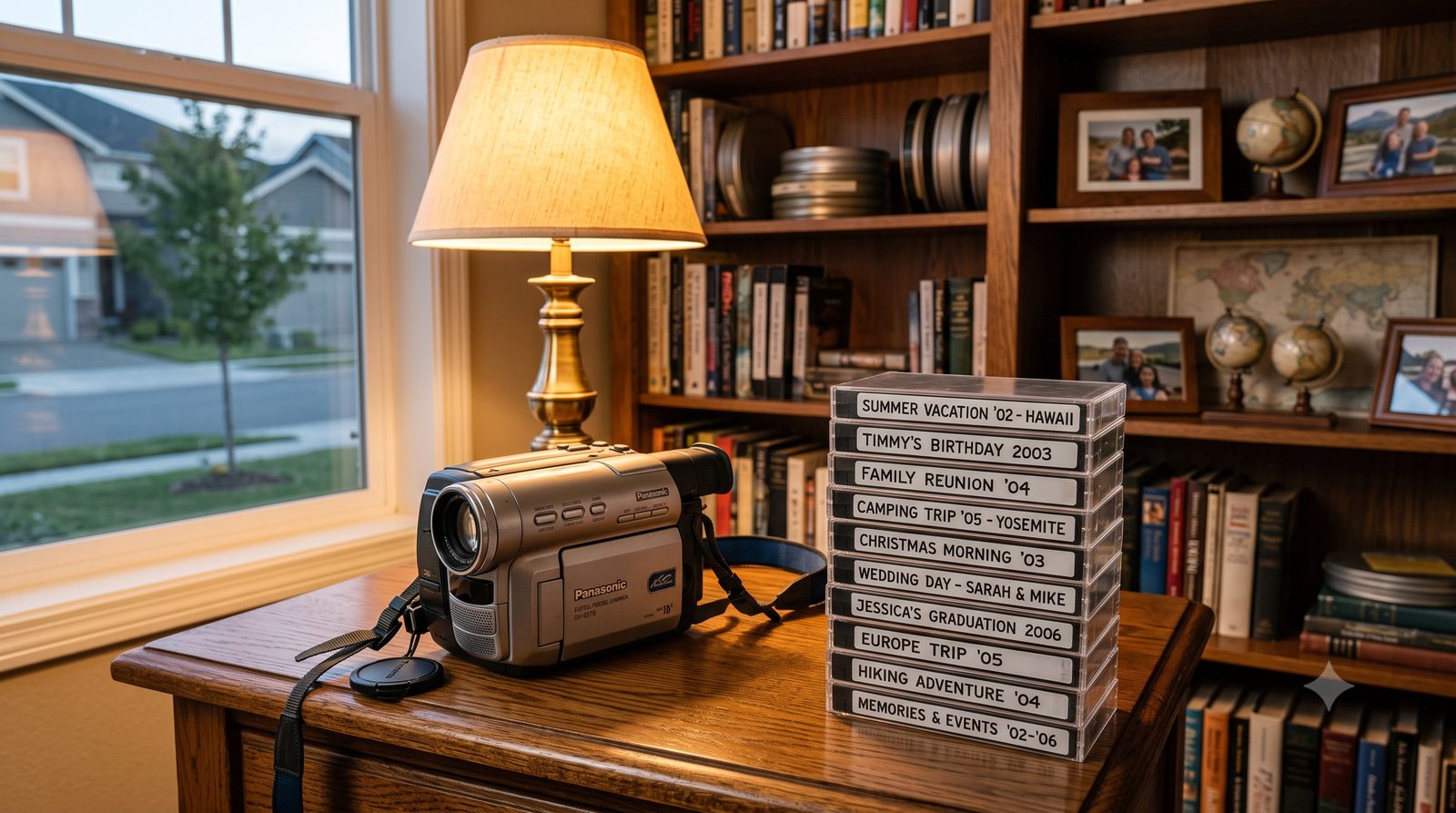 A Panasonic camcorder beside a stack of labeled family VHS tapes ready for digitizing